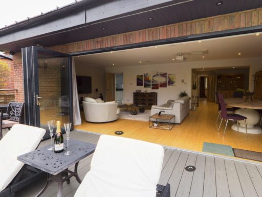 A view into a living room through patio doors