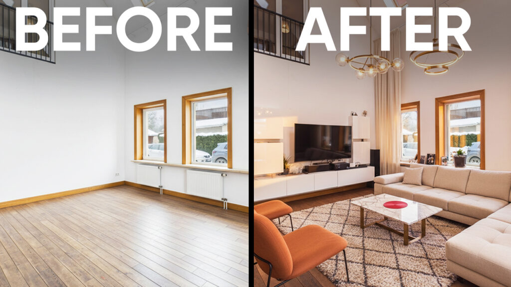 Virtual staging example before and after.